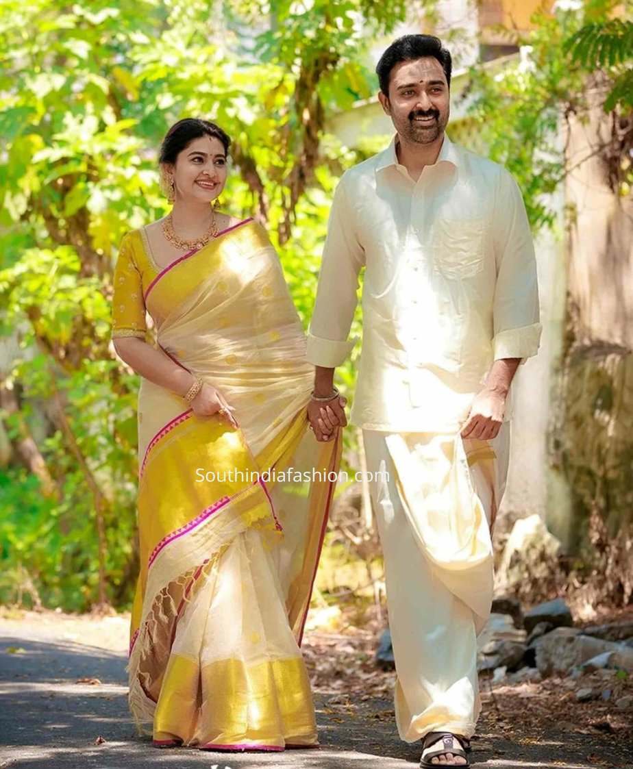 Sneha Prasanna s Stunning Tamil New Year Look in Cream Silk Saree